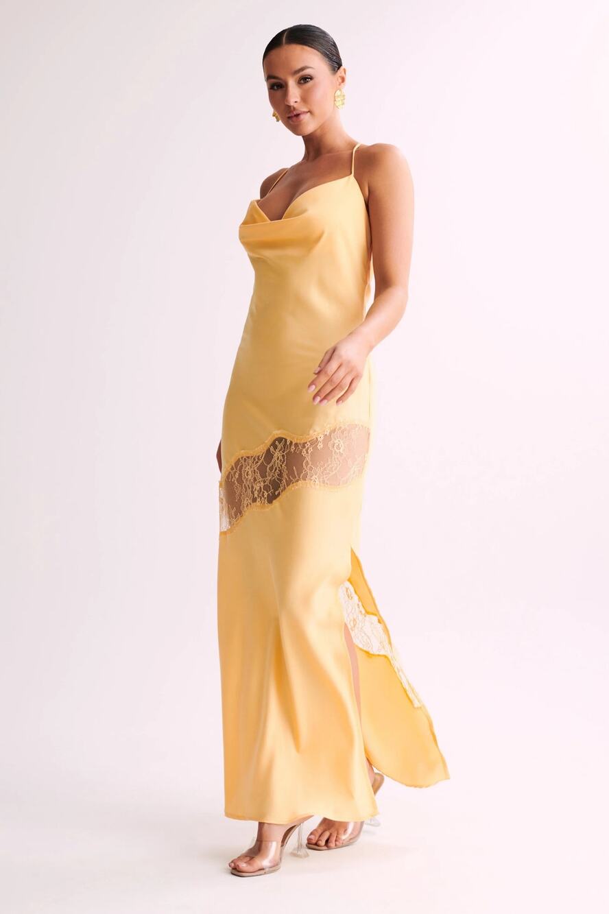 NWT Meshki Yellow Lace Detail Satin Maxi Dress L Formal Wedding Guest Vacation